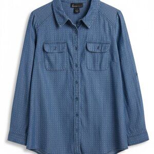Lane Bryant blue polka dot long sleeved blouse